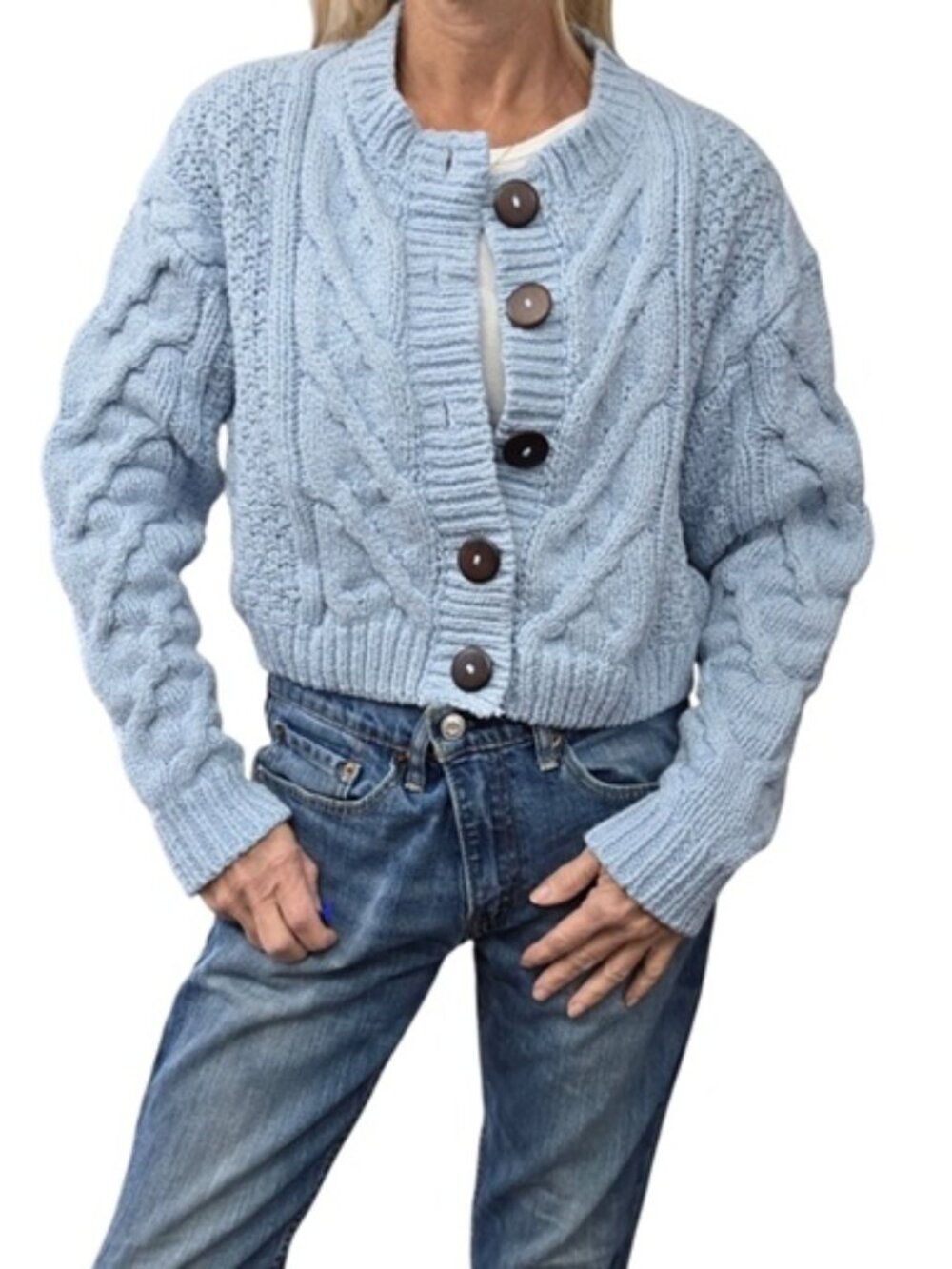 Free People Blue 100% Cotton Cable Knit Cropped Cardigan Sweater M